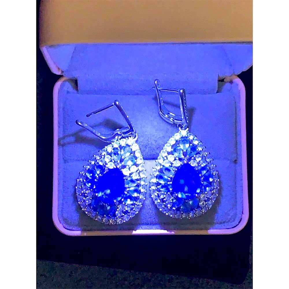 New Tanzanite Blue Rare Teardrop Dangle Earrings with Sapphire chips - Picture 7 of 10